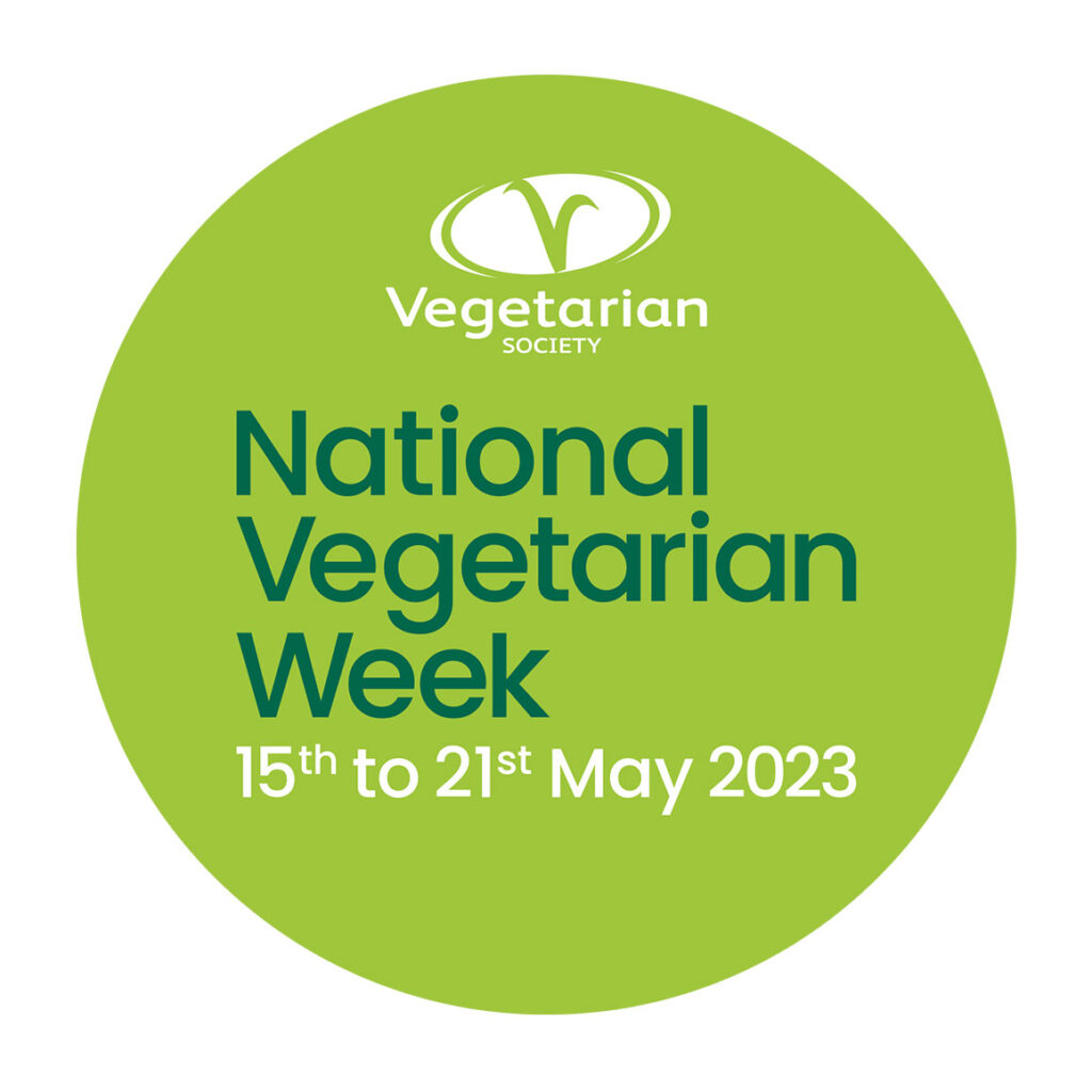 the logo for national vegetarian week. Text reads 'national vegetarian week, 15th to 21st May 2023