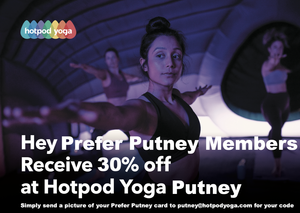 Woman on a yoga mat with text infront her reading hey prefer Putney members, receive 30% off at hotpod yoga