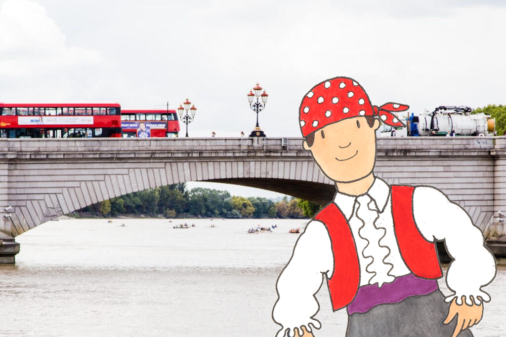 Mr Benn as a Pirate in front of Putney Bridge